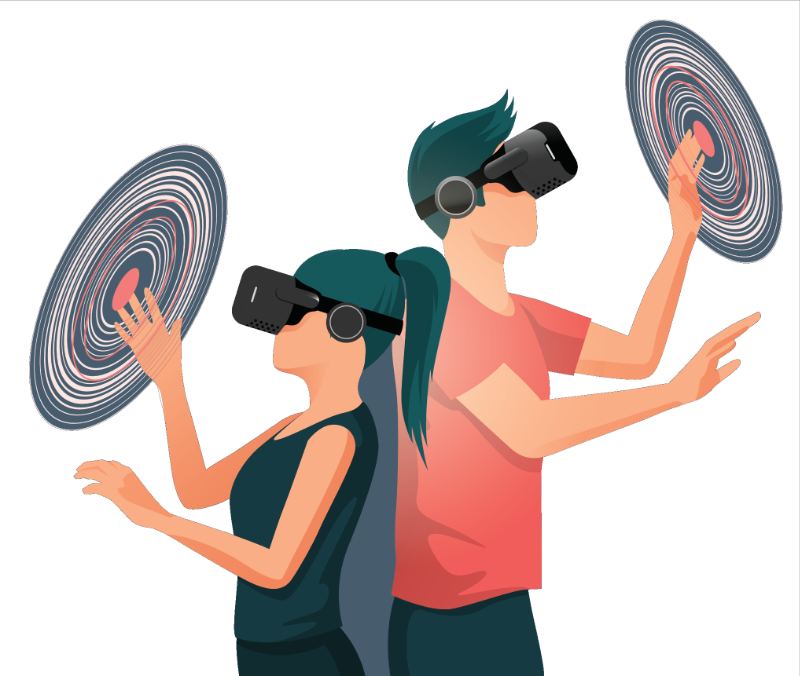 Illustration of two people with VR glasses on and arms in the air exploring